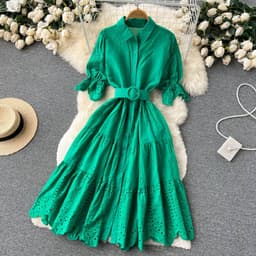 image-Light Luxury Minority Hollow Embroidered Dress Women's Summer 2022 New Tight Waist Slimming Puff Sleeve Shirt Midi Dress