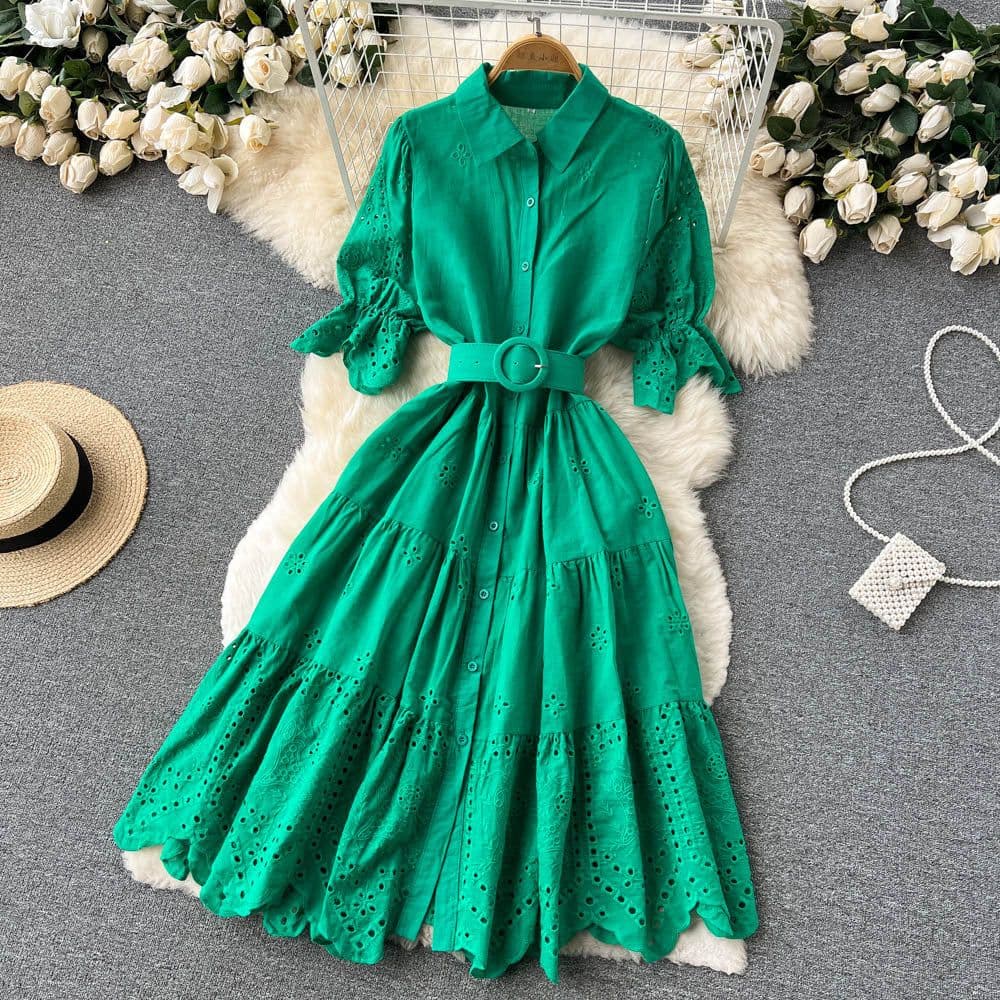 image-Light Luxury Minority Hollow Embroidered Dress Women's Summer 2022 New Tight Waist Slimming Puff Sleeve Shirt Midi Dress