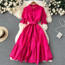 image-Light Luxury Minority Hollow Embroidered Dress Women's Summer 2022 New Tight Waist Slimming Puff Sleeve Shirt Midi Dress