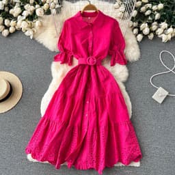 image-Light Luxury Minority Hollow Embroidered Dress Women's Summer 2022 New Tight Waist Slimming Puff Sleeve Shirt Midi Dress