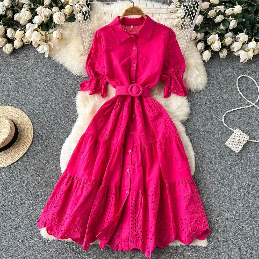 image-Light Luxury Minority Hollow Embroidered Dress Women's Summer 2022 New Tight Waist Slimming Puff Sleeve Shirt Midi Dress