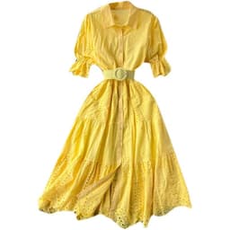 image-Light Luxury Minority Hollow Embroidered Dress Women's Summer 2022 New Tight Waist Slimming Puff Sleeve Shirt Midi Dress