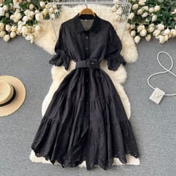 image-Light Luxury Minority Hollow Embroidered Dress Women's Summer 2022 New Tight Waist Slimming Puff Sleeve Shirt Midi Dress
