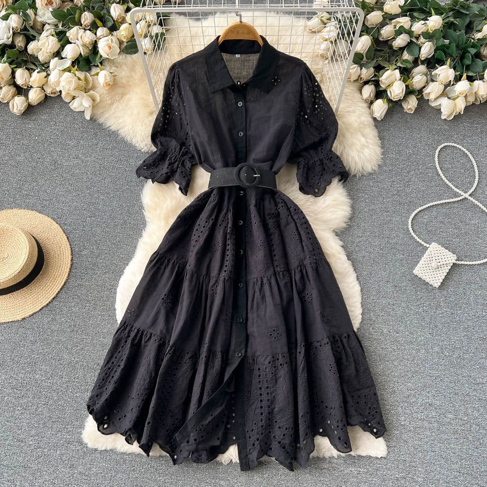 image-Light Luxury Minority Hollow Embroidered Dress Women's Summer 2022 New Tight Waist Slimming Puff Sleeve Shirt Midi Dress