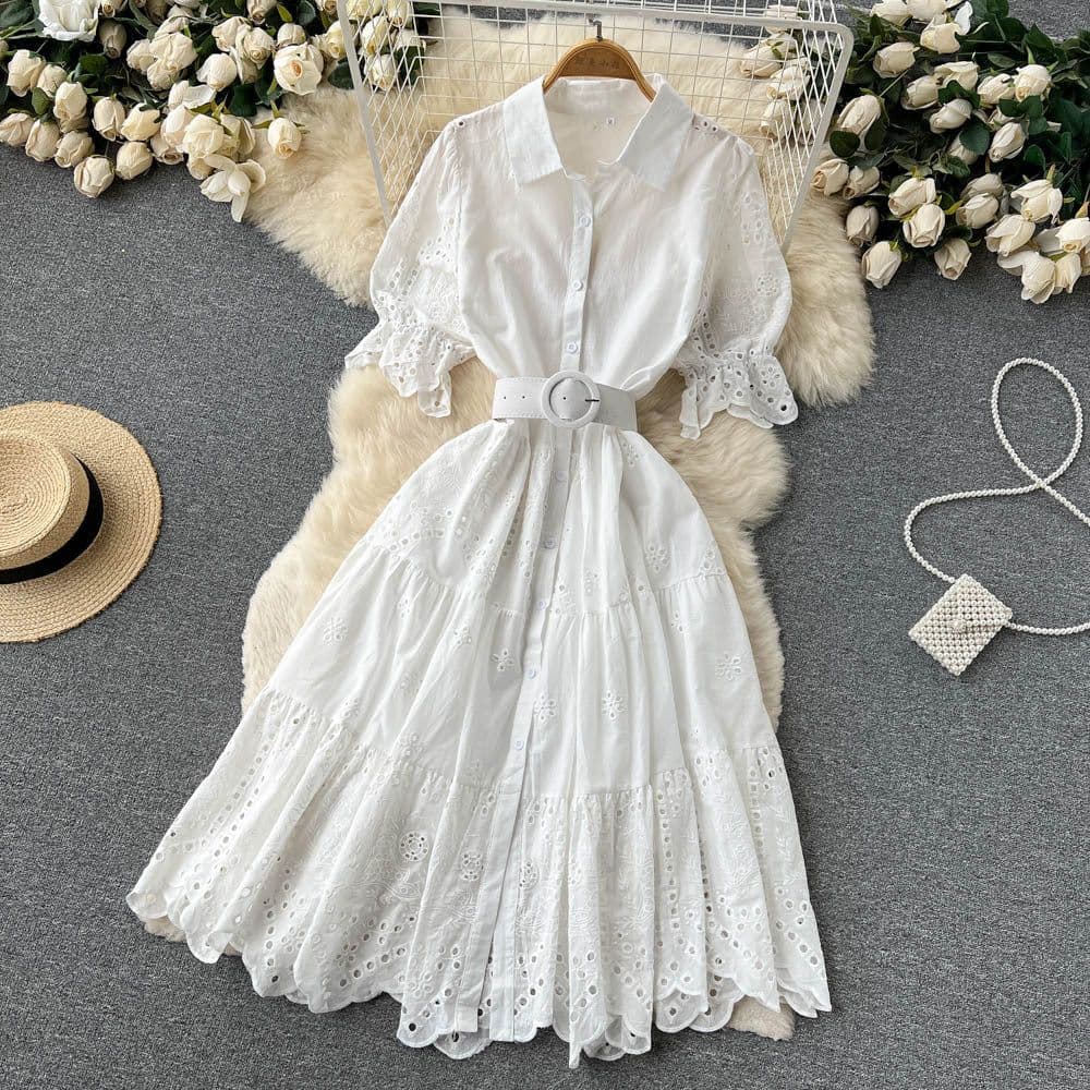 image-Light Luxury Minority Hollow Embroidered Dress Women's Summer 2022 New Tight Waist Slimming Puff Sleeve Shirt Midi Dress