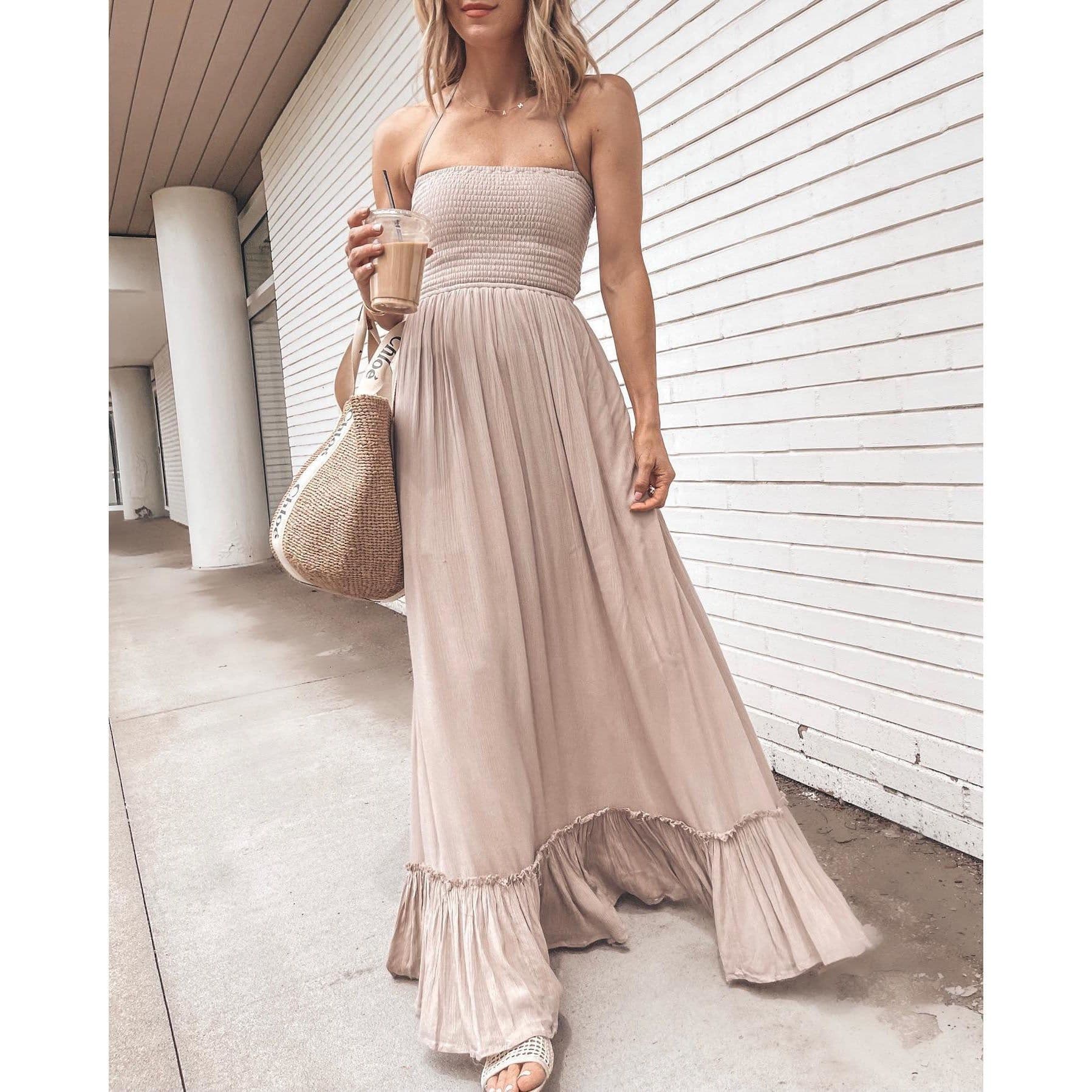 image-Cross-Border 2022 European and American Spring New Sexy off-Neck Halter Dress Ins Casual Wooden Ear Large Swing Skirt for Women