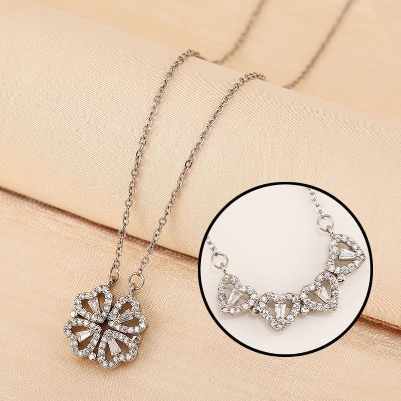 image-A new two-wear heart-to-heart female opening and closing four-leaf clover necklace fashion love folding creative collarbone chain wholesale