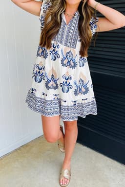 image-Blue Boho Western Floral Mini Dress Ruffled Sleeve