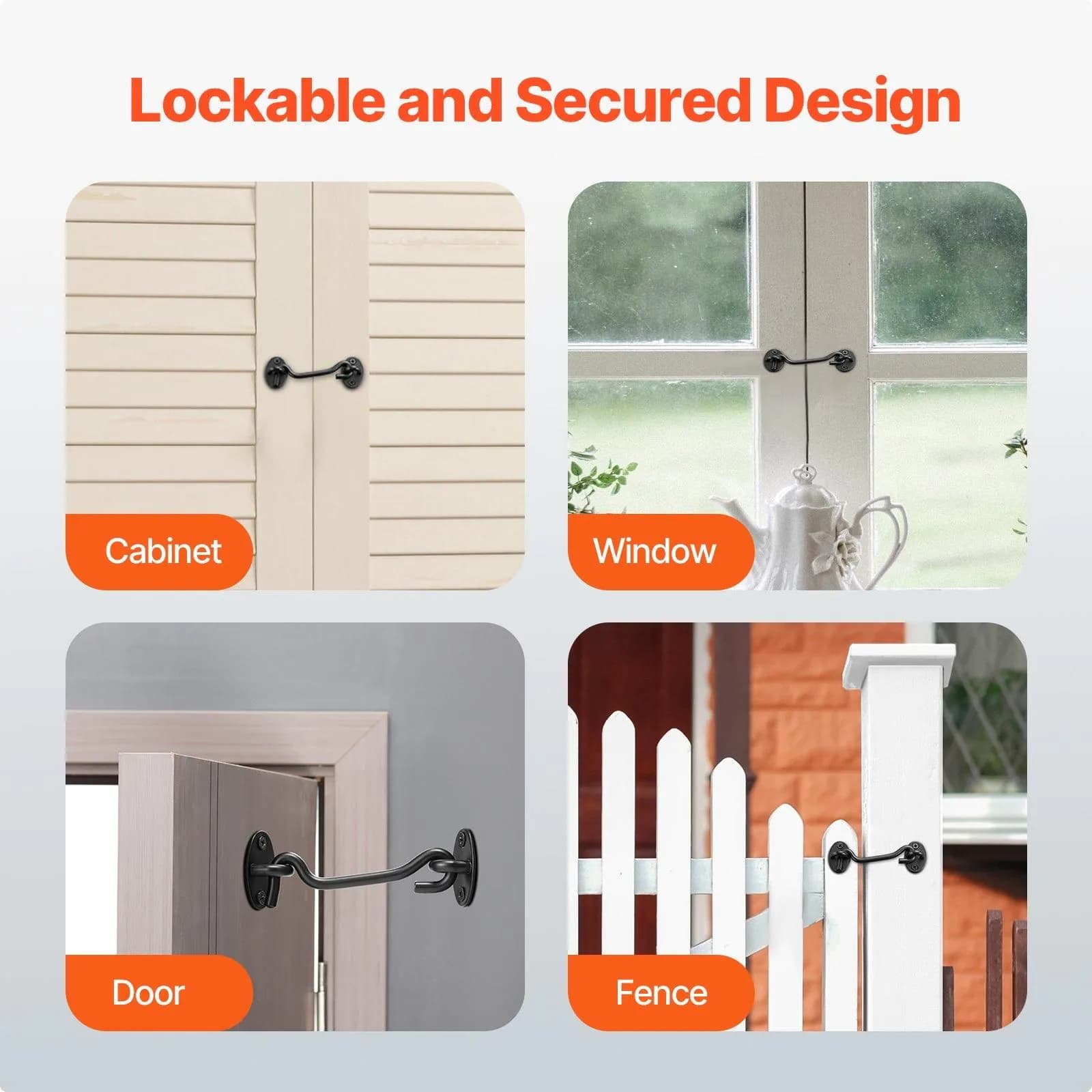 image-VEVOR Hook and Eye Gate Latch, 2 Pack Barn Door Latch Hook with Mounting Screws, Stainless Steel Hook and Eye Latch, Hook Lock for Sliding Barn Door, Cabinet, Window, Gate, Fence, Bathroom, Black