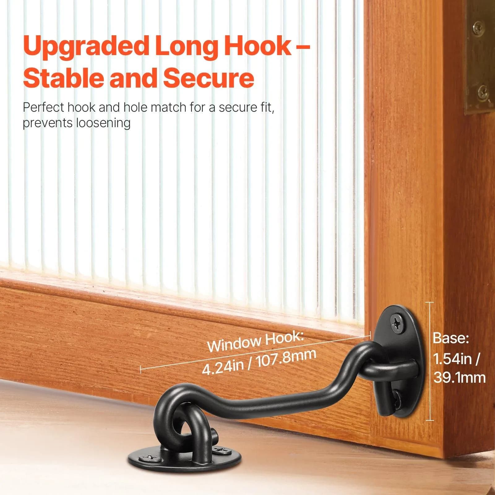 image-VEVOR Hook and Eye Gate Latch, 2 Pack Barn Door Latch Hook with Mounting Screws, Stainless Steel Hook and Eye Latch, Hook Lock for Sliding Barn Door, Cabinet, Window, Gate, Fence, Bathroom, Black