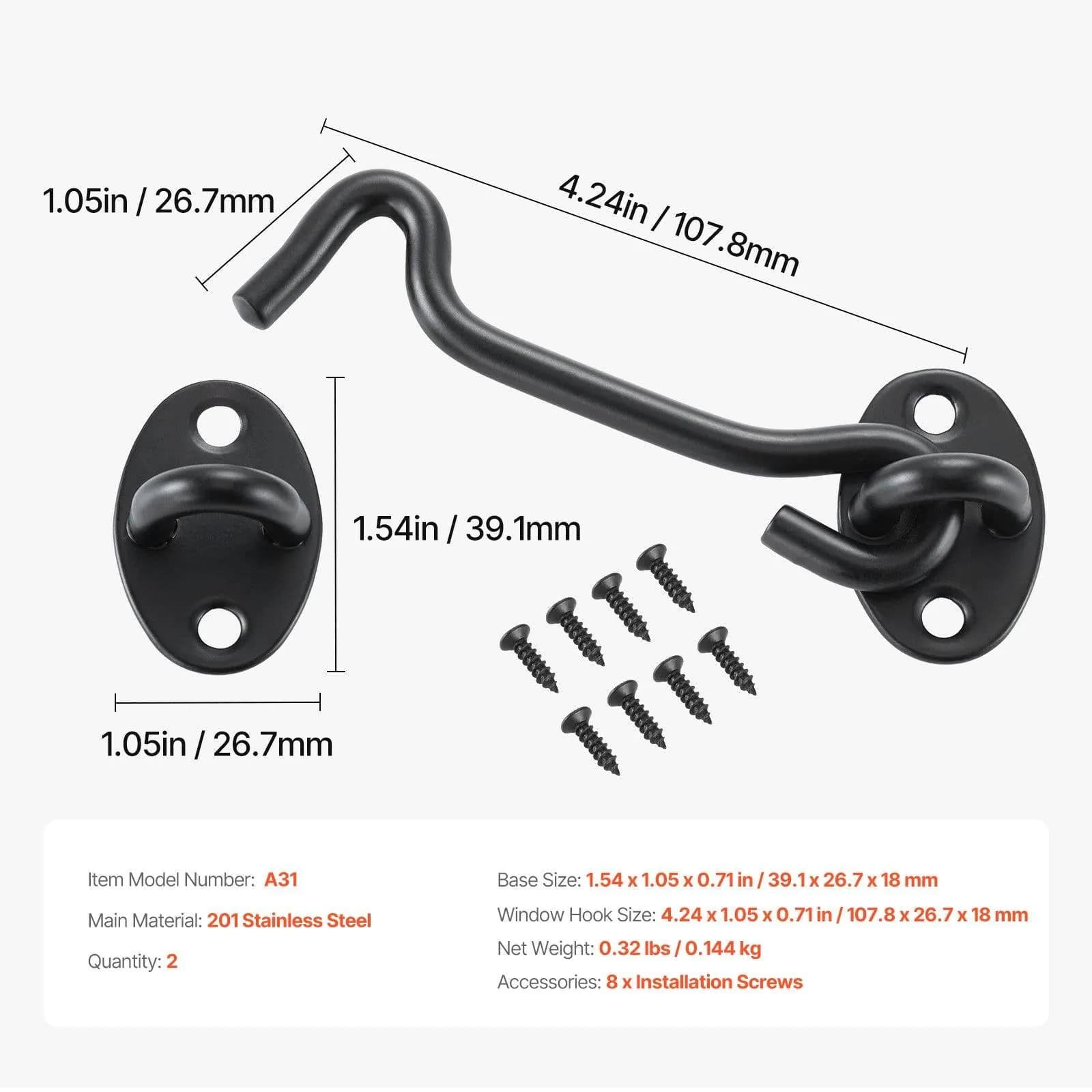 image-VEVOR Hook and Eye Gate Latch, 2 Pack Barn Door Latch Hook with Mounting Screws, Stainless Steel Hook and Eye Latch, Hook Lock for Sliding Barn Door, Cabinet, Window, Gate, Fence, Bathroom, Black