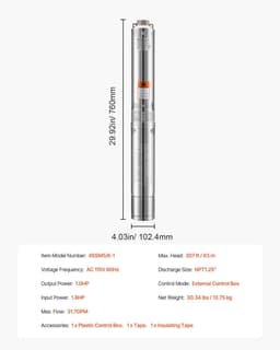 image-VEVOR Deep Well Submersible Pump, 1 HP Output Power, 115V, 31.7 GPM Flow 207 ft Head, with 32.81 ft Cord External Control Box, Stainless Steel Water Pump, for Industrial Irrigation and Home Use, IP68