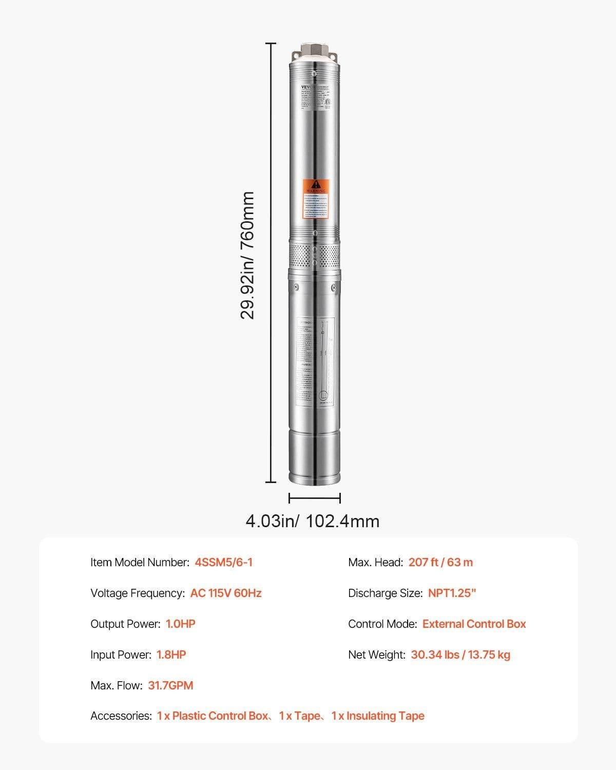 image-VEVOR Deep Well Submersible Pump, 1 HP Output Power, 115V, 31.7 GPM Flow 207 ft Head, with 32.81 ft Cord External Control Box, Stainless Steel Water Pump, for Industrial Irrigation and Home Use, IP68
