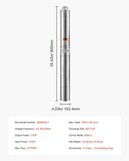 image-VEVOR Deep Well Submersible Pump, 1.5 HP Output Power, 115V, 31.7 GPM Flow 276 ft Head, with 32.81 ft Cord, Stainless Steel Water Pump, for Industrial, Irrigation, and Home Use, IP68 Waterproof Grade