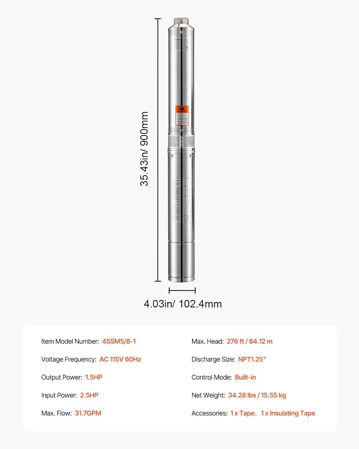 image-VEVOR Deep Well Submersible Pump, 1.5 HP Output Power, 115V, 31.7 GPM Flow 276 ft Head, with 32.81 ft Cord, Stainless Steel Water Pump, for Industrial, Irrigation, and Home Use, IP68 Waterproof Grade