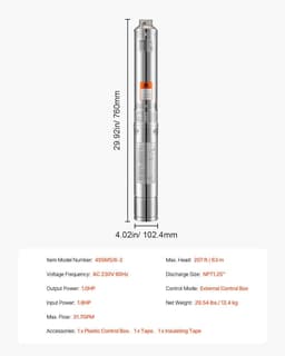 image-VEVOR Deep Well Submersible Pump, 1 HP Output Power, 230V, 31.7 GPM Flow 207 ft Head, with 32.81 ft Cord External Control Box, Stainless Steel Water Pump, for Industrial Irrigation and Home Use, IP68