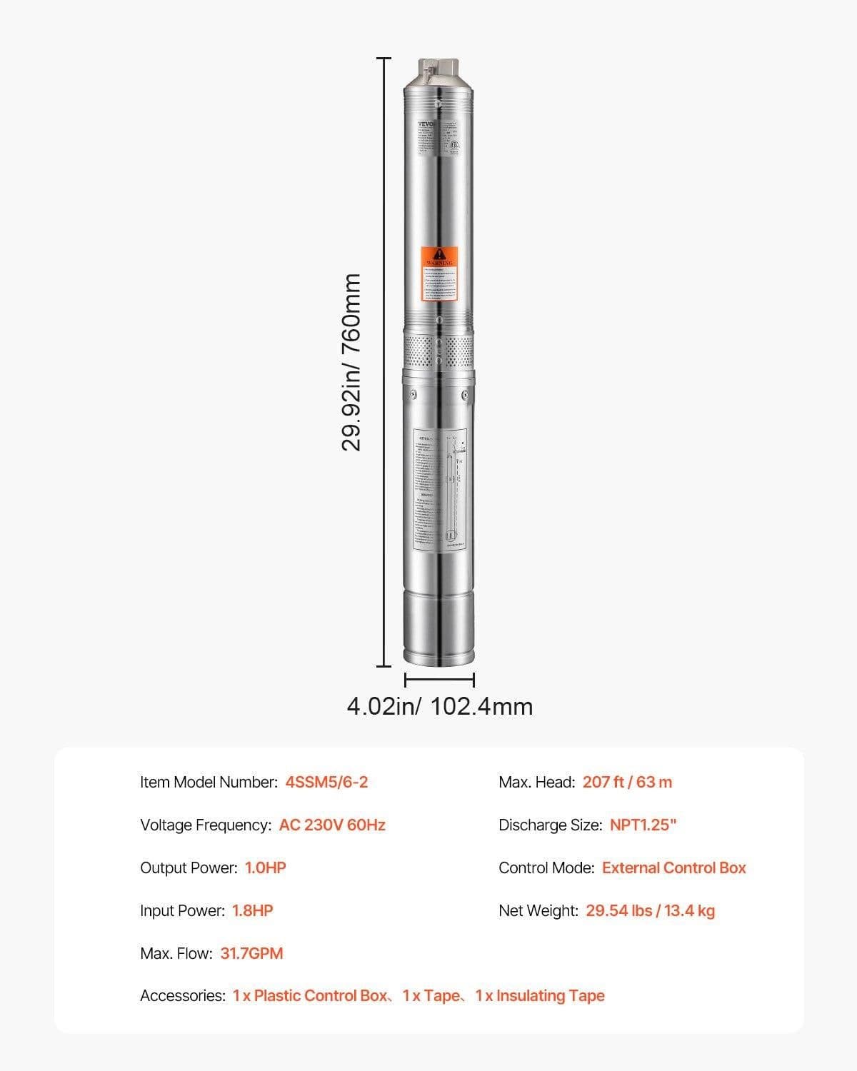 image-VEVOR Deep Well Submersible Pump, 1 HP Output Power, 230V, 31.7 GPM Flow 207 ft Head, with 32.81 ft Cord External Control Box, Stainless Steel Water Pump, for Industrial Irrigation and Home Use, IP68