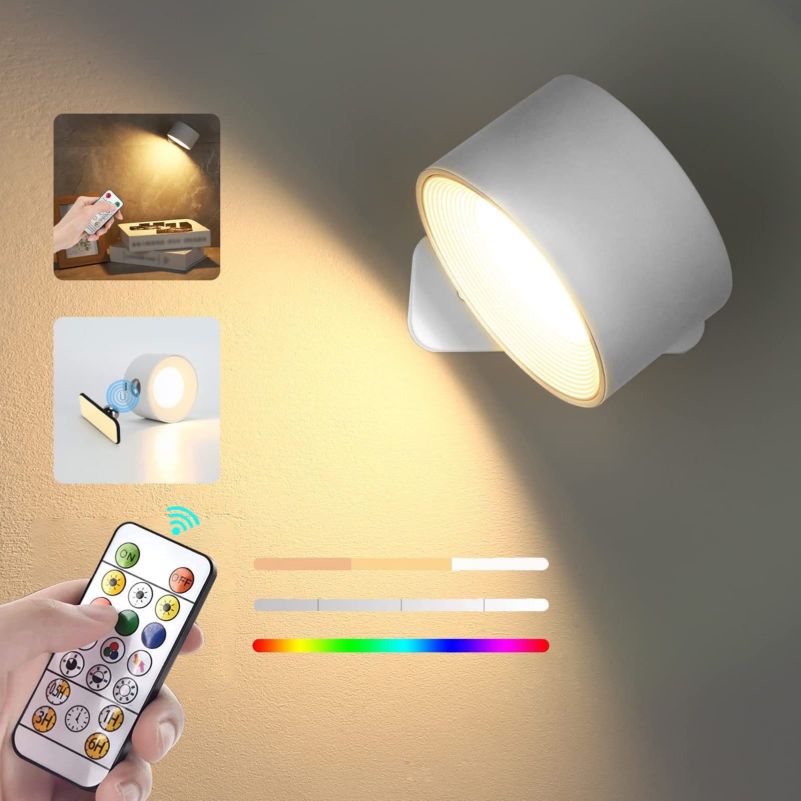 image-RGB Color Magnetic Wall Lamp with Remote Control Dimmable No Punch USB Rechargeable Touch Bedside Reading Wall Lamp