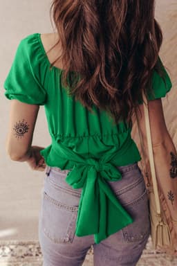 image-Dark Green Peplum Top - Ruched Waist Tied Back