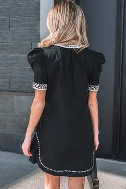 image-Black Leopard Trim Notched Neck Short Puff Sleeve Shift Mini Dress