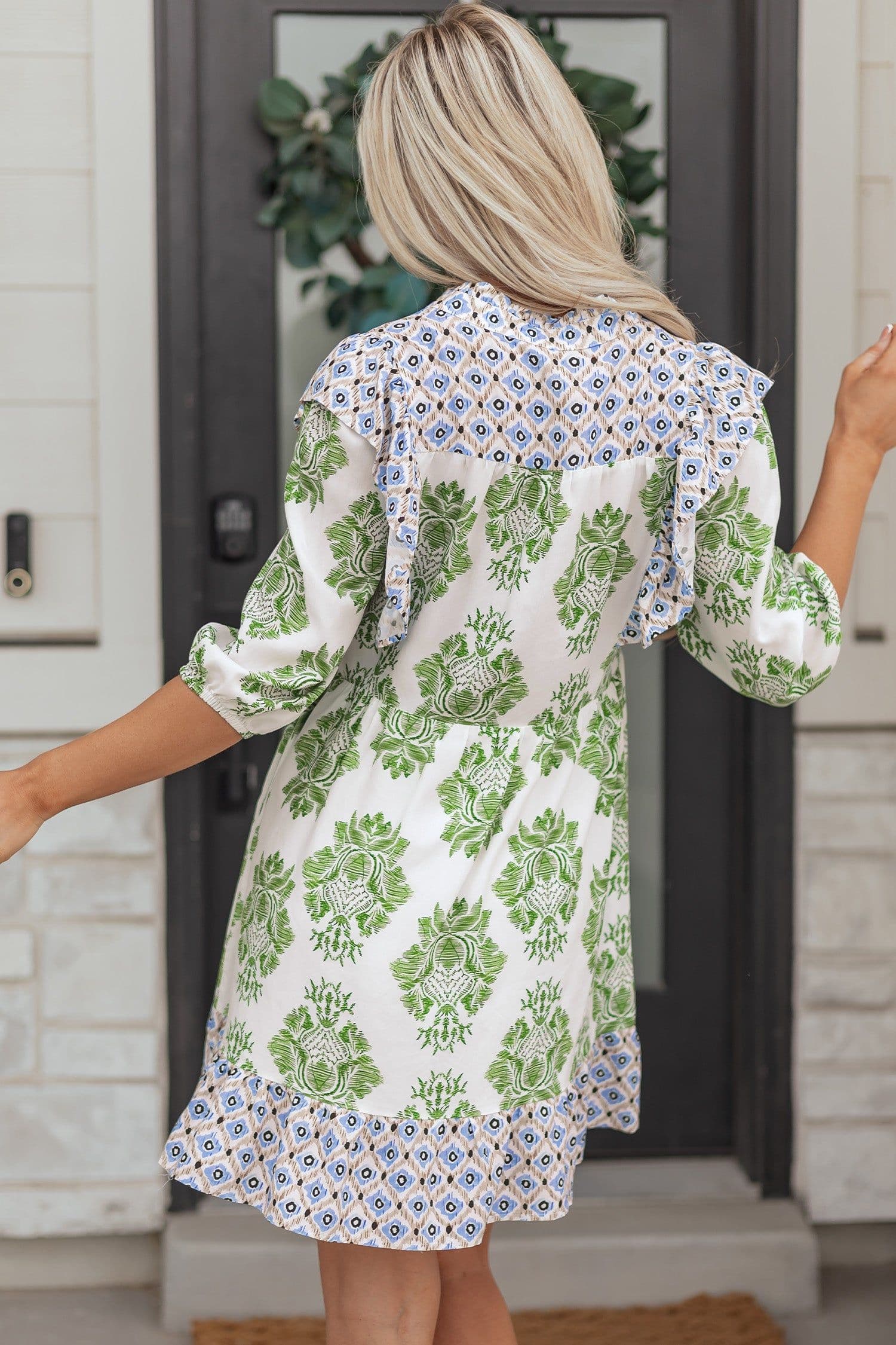 image-Green Floral Print Contrast Patchwork Ruffle Detail Mini Dress