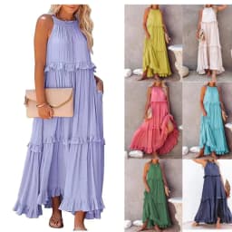 image-European and American 2023 Summer New Holiday Ruffled Long Dress Amazon Wide Hem Flowy Beach Dress for Women