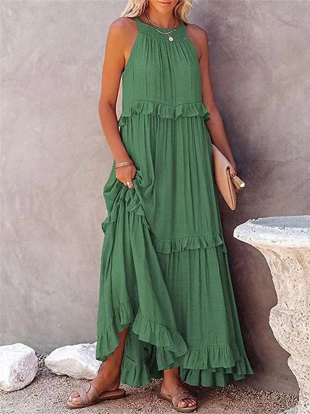 image-European and American 2023 Summer New Holiday Ruffled Long Dress Amazon Wide Hem Flowy Beach Dress for Women