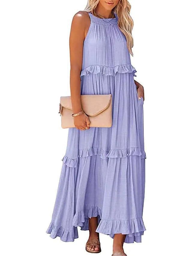 image-European and American 2023 Summer New Holiday Ruffled Long Dress Amazon Wide Hem Flowy Beach Dress for Women