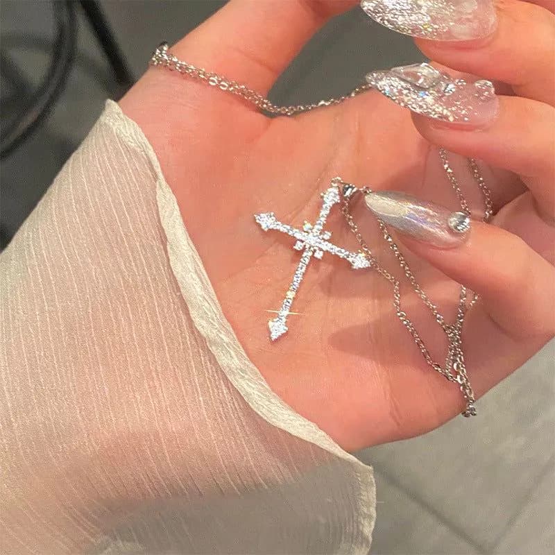 image-Full diamond star cross necklace cold wind sweet cool zircon flash diamond pendant 2022 new trendy necklace