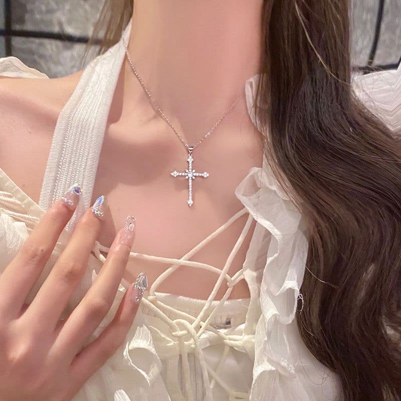 image-Full diamond star cross necklace cold wind sweet cool zircon flash diamond pendant 2022 new trendy necklace
