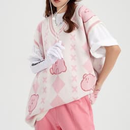 image-2023 New Star Kirby Jacquard Knitted Vest Women's Pink Love Loose Versatile Layer Sweater Autumn and Winter