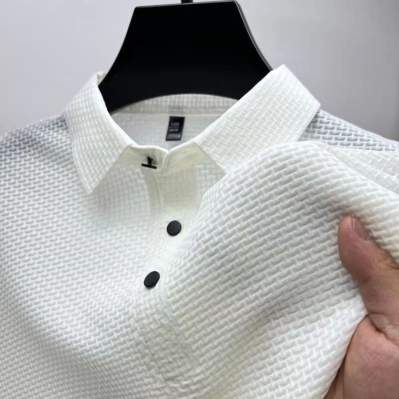 image-Summer high-end mesh ice silk short-sleeved T-shirt men's shirt collar color Paul slippery polo shirt half-sleeved men's clothes