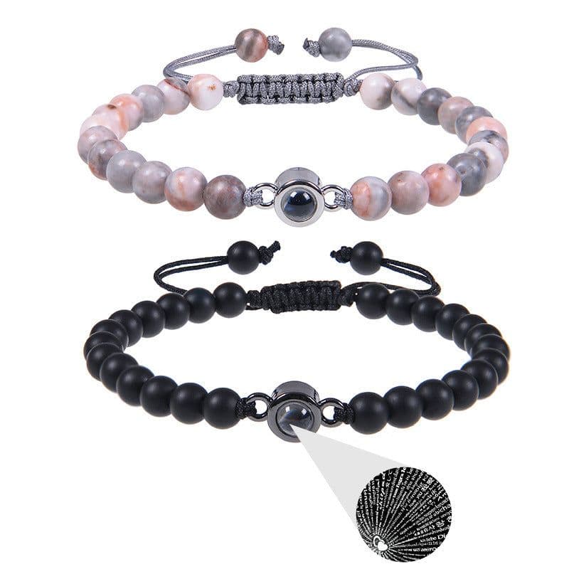 image-Cross-border European and American 100 language projection bracelet I Love You 6mm volcanic stone white turquoise couple bracelet
