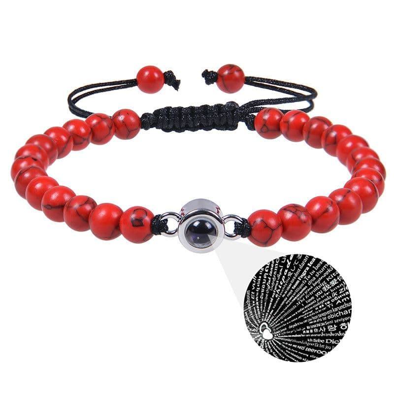 image-Cross-border European and American 100 language projection bracelet I Love You 6mm volcanic stone white turquoise couple bracelet