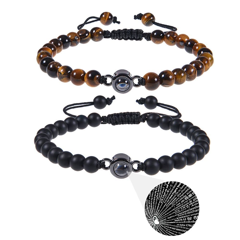 image-Cross-border European and American 100 language projection bracelet I Love You 6mm volcanic stone white turquoise couple bracelet