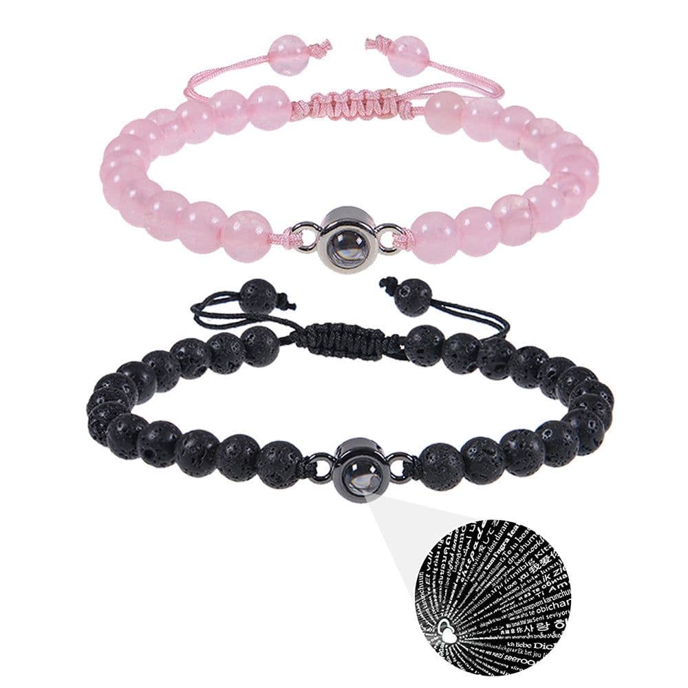 image-Cross-border European and American 100 language projection bracelet I Love You 6mm volcanic stone white turquoise couple bracelet
