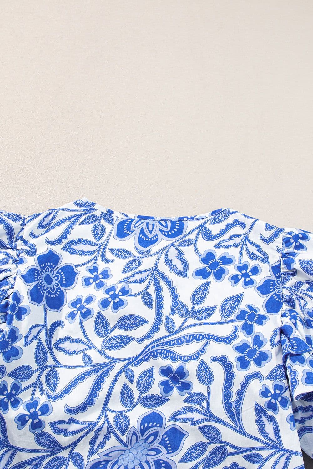 image-Dark Blue Floral Ruffled Sleeve Blouse - Chic Bubble Sleeve Design