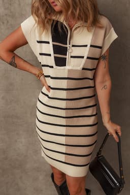 image-Brown Stripe Color Block Sweater Dress - Short Sleeve Quarter Zip Collar