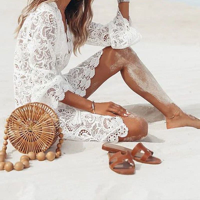 image-Cross-Border 2022 Summer Hot Bikini Blouse European and American Sexy V-neck Sun Protection Shirt Amazon Lace Beach Dress