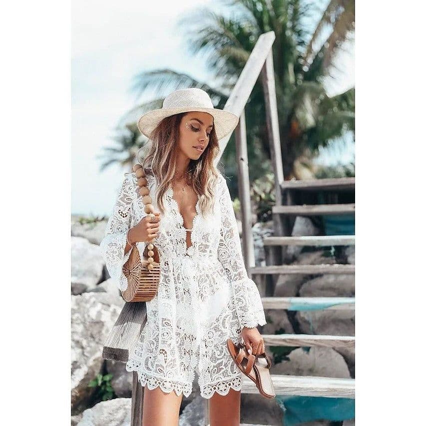image-Cross-Border 2022 Summer Hot Bikini Blouse European and American Sexy V-neck Sun Protection Shirt Amazon Lace Beach Dress