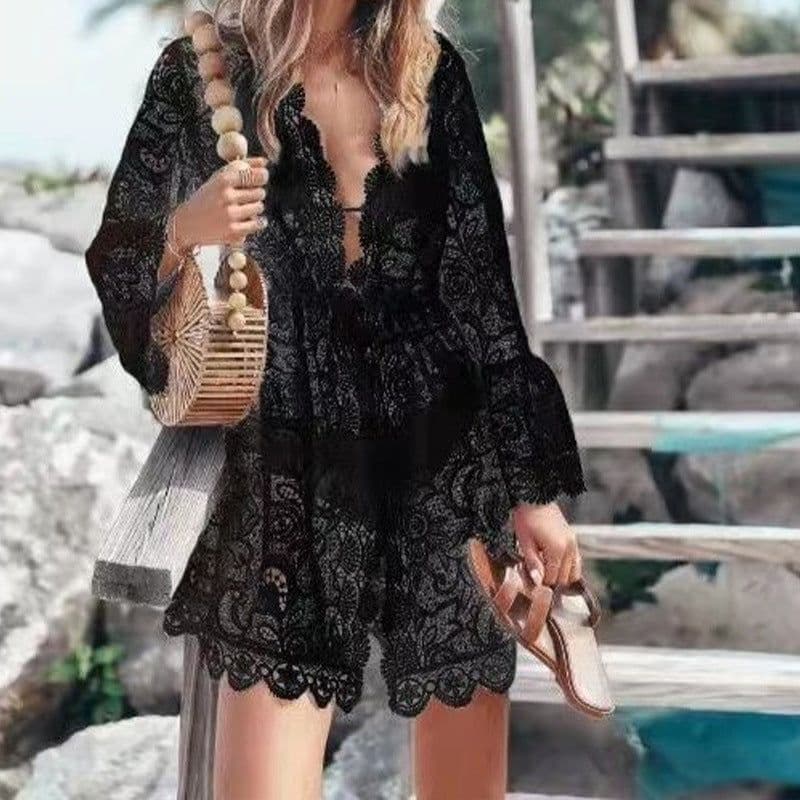 image-Cross-Border 2022 Summer Hot Bikini Blouse European and American Sexy V-neck Sun Protection Shirt Amazon Lace Beach Dress