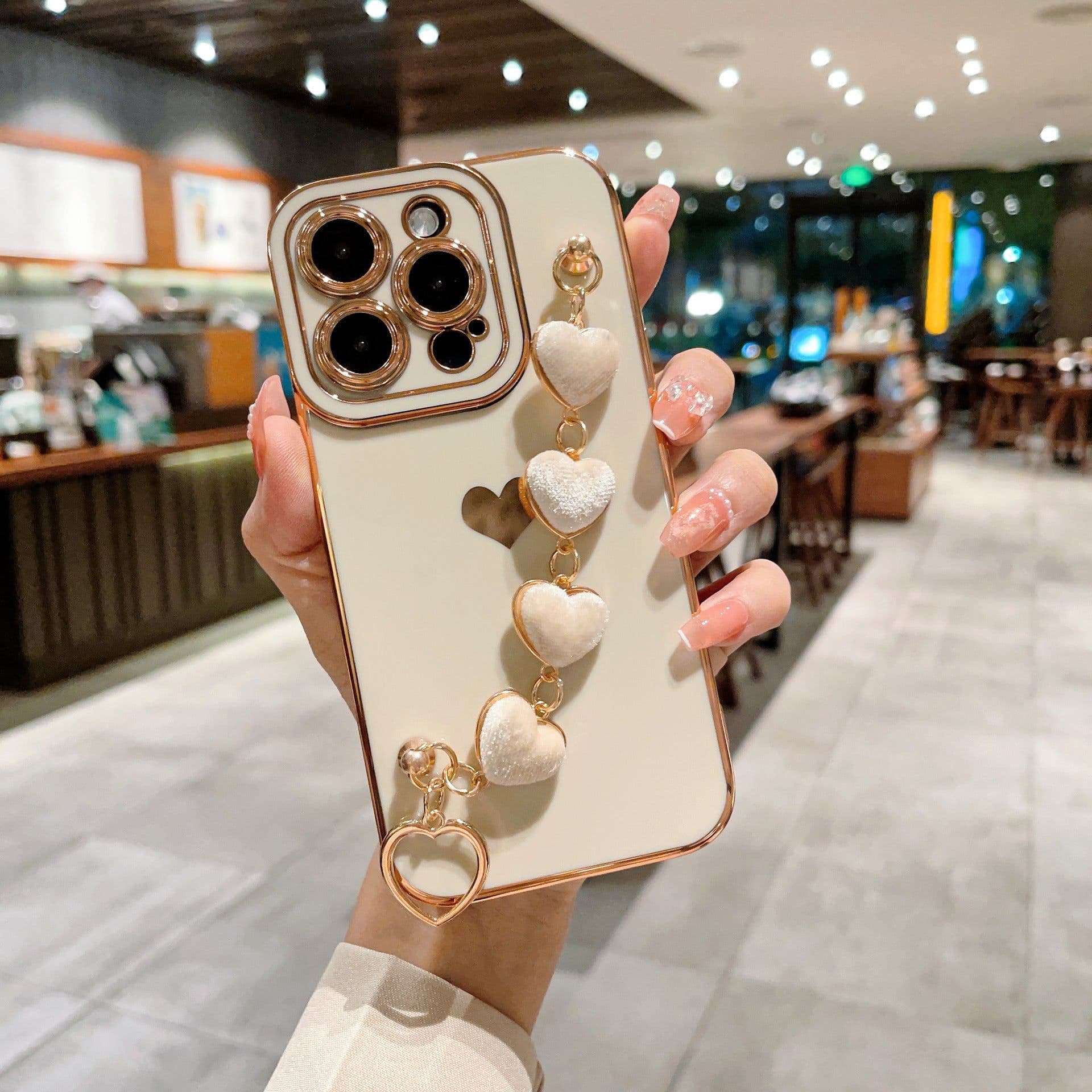 image-Suitable for iPhone14 mobile phone case electroplated love plush bracelet 14Promax Apple 15 protective cover 13 anti-fall