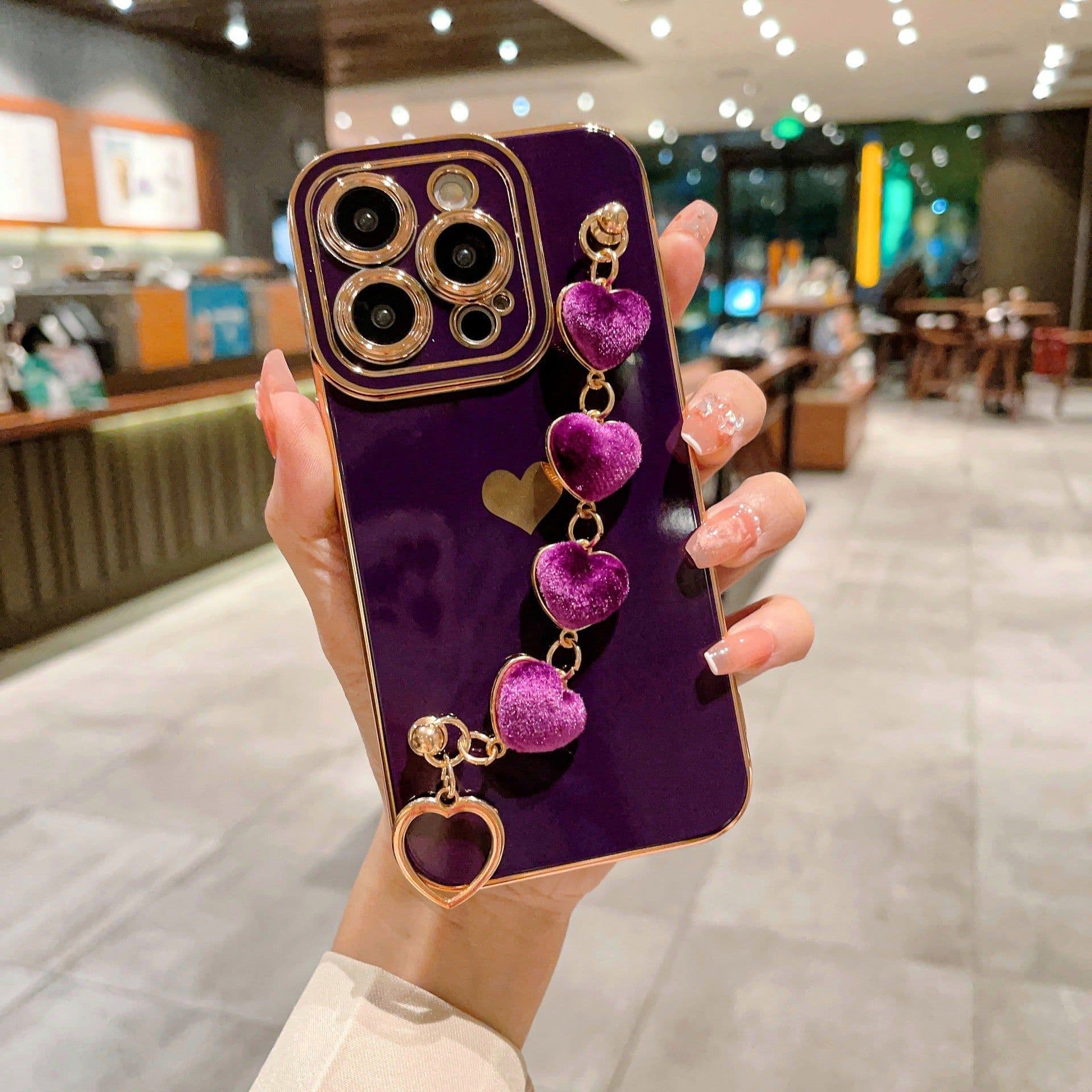 image-Suitable for iPhone14 mobile phone case electroplated love plush bracelet 14Promax Apple 15 protective cover 13 anti-fall