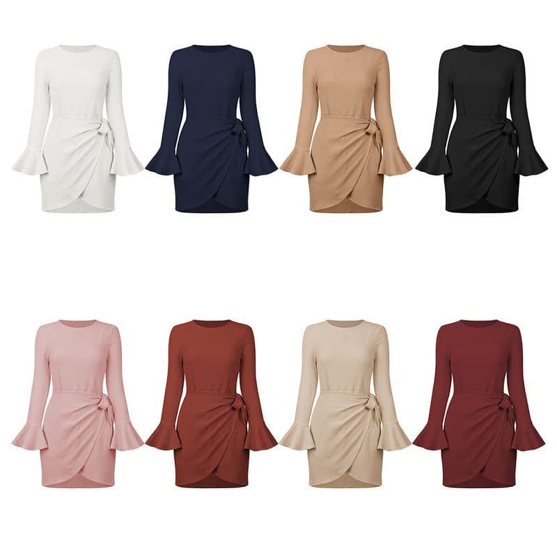 image-Factory direct sales Europe and the United States fashion autumn clothes small trumpet ruffles long-sleeved slim bow temperament high-end dress