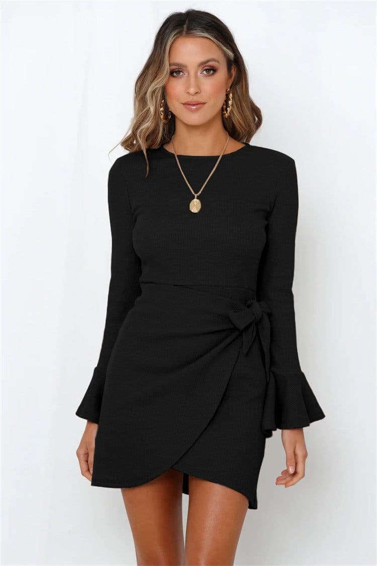 image-Factory direct sales Europe and the United States fashion autumn clothes small trumpet ruffles long-sleeved slim bow temperament high-end dress