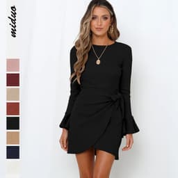 image-Factory direct sales Europe and the United States fashion autumn clothes small trumpet ruffles long-sleeved slim bow temperament high-end dress