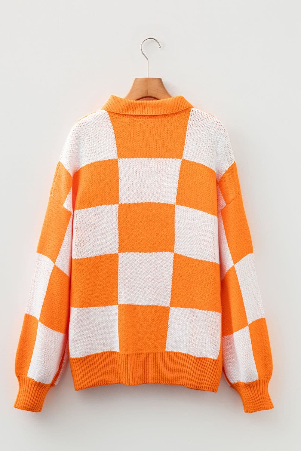 image-Mist Green Checkered Polo Collar Loose Sweater