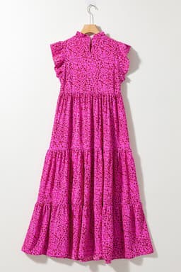 image-Leopard Print Ruffled Tiered Maxi Dress - Rose Red - Elegant Flutter Sleeves