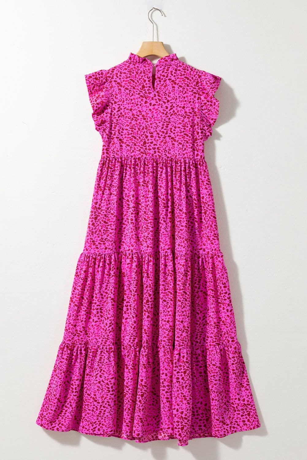 image-Leopard Print Ruffled Tiered Maxi Dress - Rose Red - Elegant Flutter Sleeves
