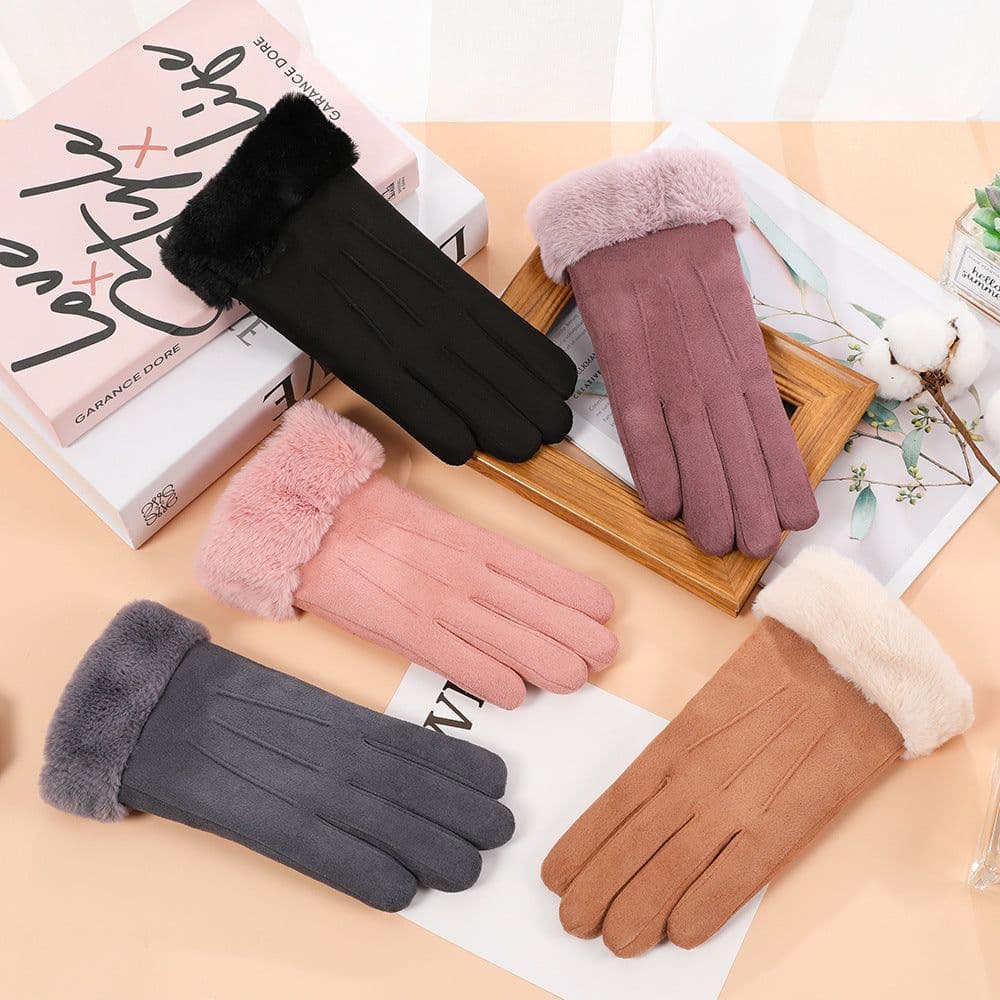image-Suede warm gloves winter ladies students cute Korean style velvet thickened outdoor cycling touch screen gloves